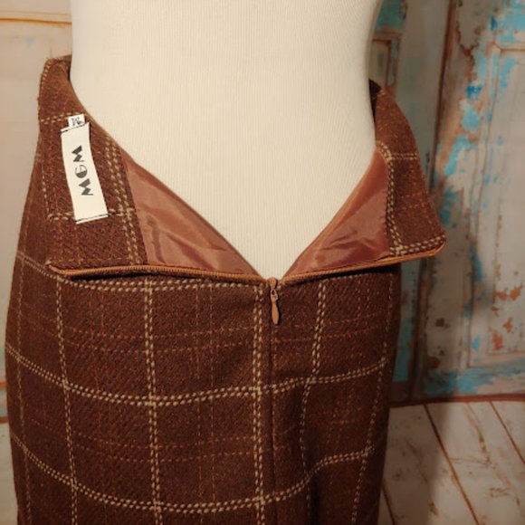 MGM plaid lined zipper wool texture skirt w snap grommet/size M/brown cream - Picture 5 of 5
